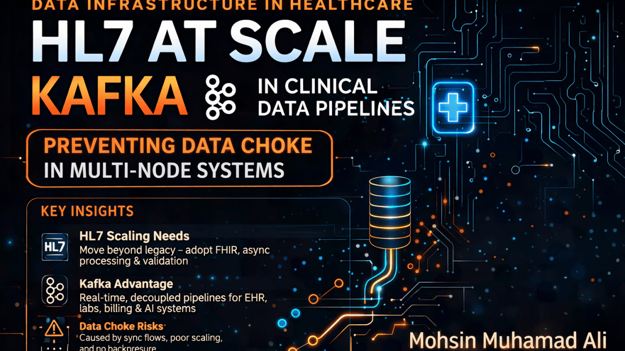 Infographic on healthcare data infrastructure covering HL7 scaling, Kafka pipelines, and data choke prevention in multi-node systems.